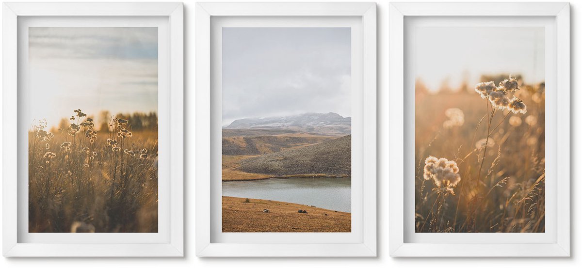 Wallfluent 3-Delige Schilderij Set - Landschappen Met Weilanden, Bergen En Een Meer Op De Achtergrond. - 20 x 30 - Wanddecoratie - Muurdecoratie - Moderne Interieurdecoratie - Moderne Wanddecoratie