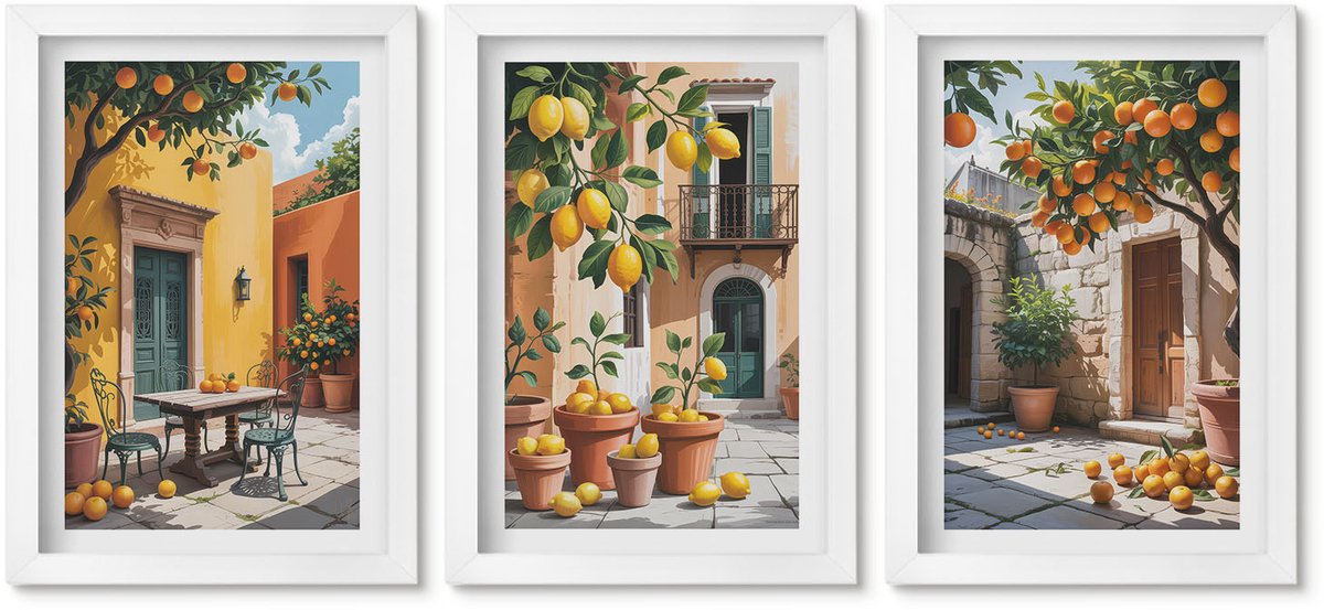 Wallfluent 3-Delige Schilderij Set - Citrusvruchten In Een Zonnige Tuinscène - 20 x 30 - Stijlvolle Wanddecoratie - Interieur - Interieur Decoratie