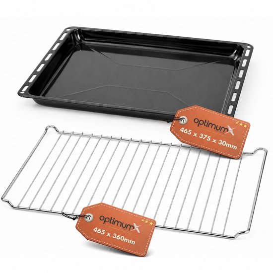 Zwarte geëmailleerde bakplaat en metalen ovenrooster met bruine labels met 'optimumX' en afmetingen.