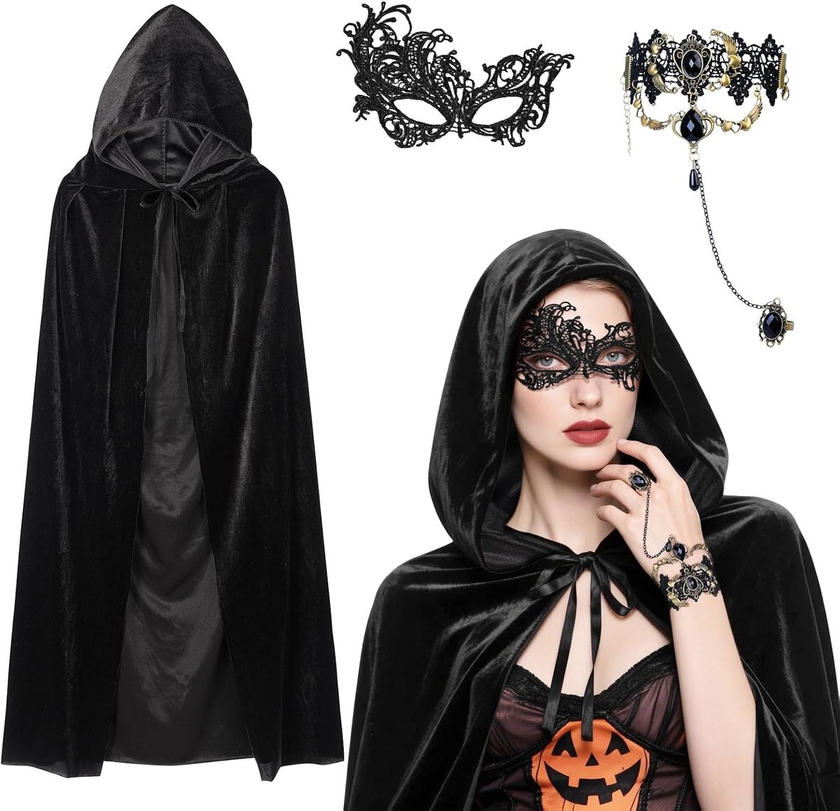 Zwarte Cape met Kap Set van 3 - Velours 140/150/170 cm - Inclusief Masker en Gotische Ring - Perfect voor Halloween - ShopVlot