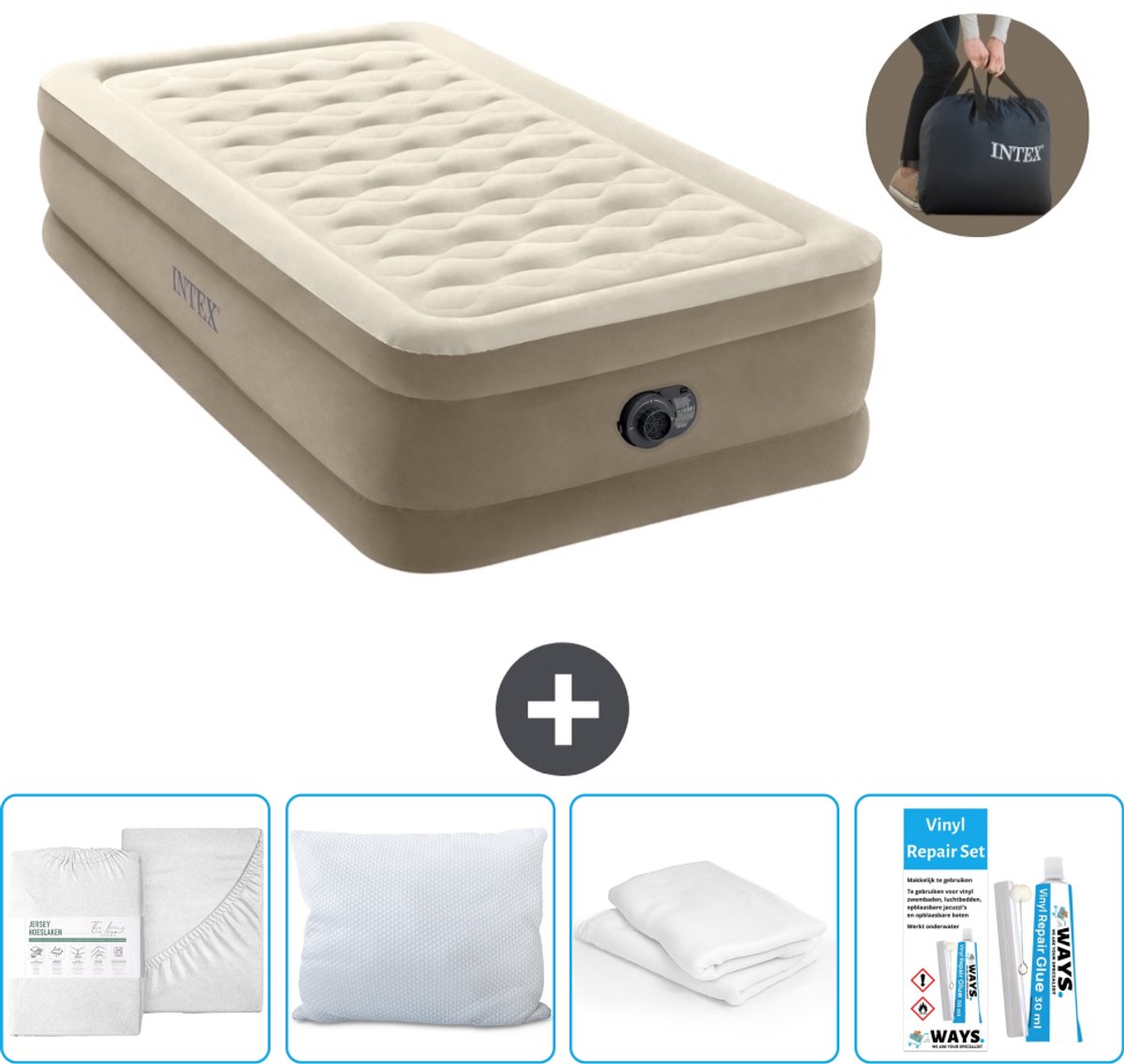 Intex Luchtbed - 1-Persoons - 99 x 191 x 46 cm - Beige - Inclusief pomp - Hoeslaken - Kussen - Reparatieset en Kussenbeschermer
