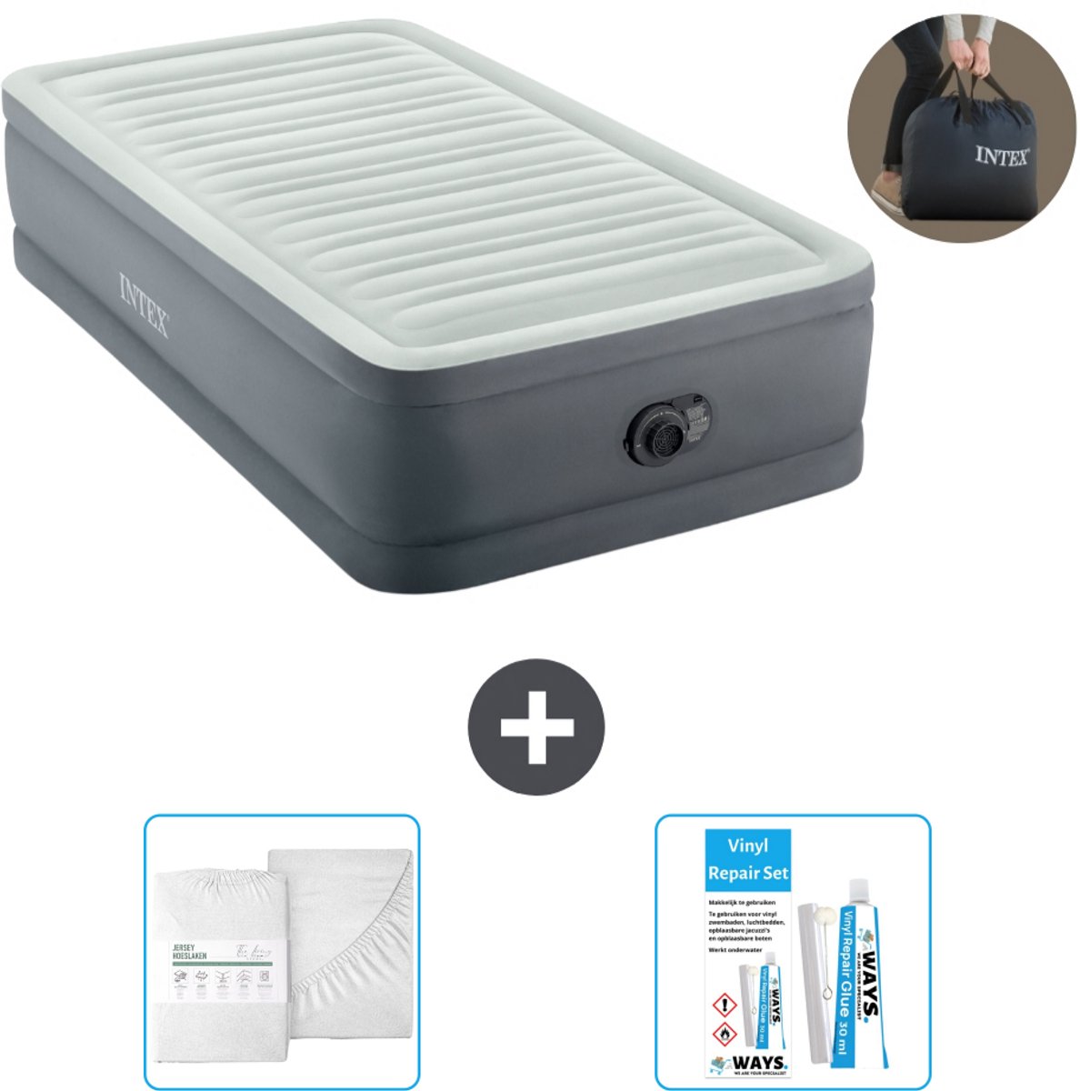 Bol.com Intex Luchtbed - 1-Persoons - 99 x 191 x 46 cm - Grijs - Inclusief pomp - Hoeslaken en Reparatieset aanbieding