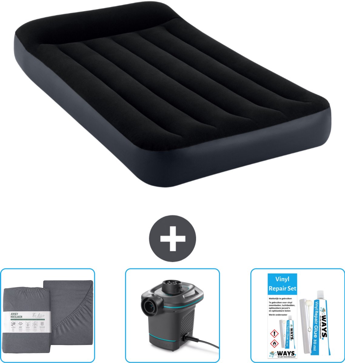 Intex Luchtbed - 1-Persoons - 99 x 191 x 25 cm - Donkerblauw - Inclusief Hoeslaken - Pomp en Reparatieset
