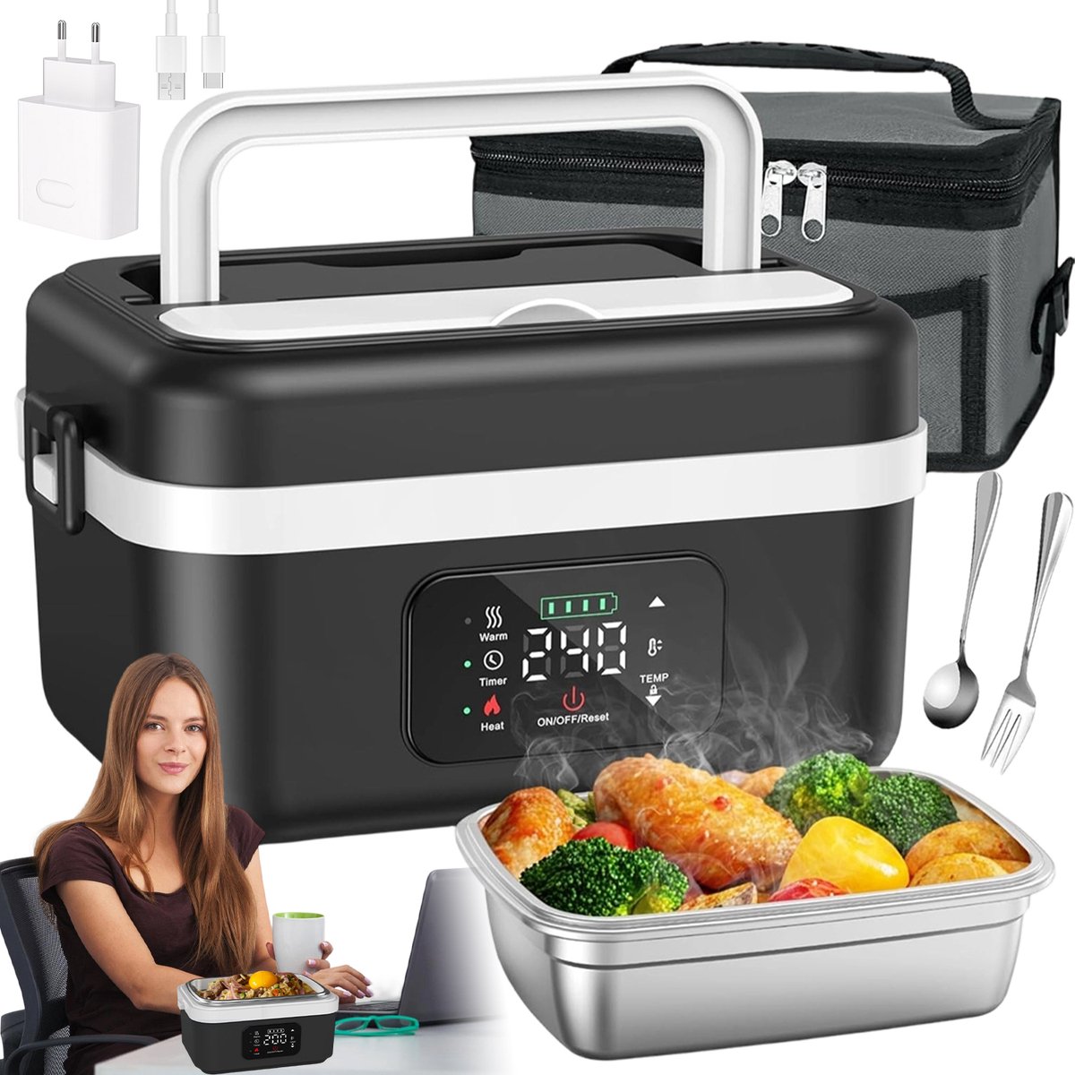 Elektrische Lunchbox - Verwarmde Bento Box - Thermos Lunchbox - 1000 ml - 60W Snel Verwarmend - 6 Temperatuurstanden - Voorverwarmen - ook Powerbank - met Isolatietas - Draagbare Broodtrommel - Voor Kantoor & School & Auto - Zwart en Wit