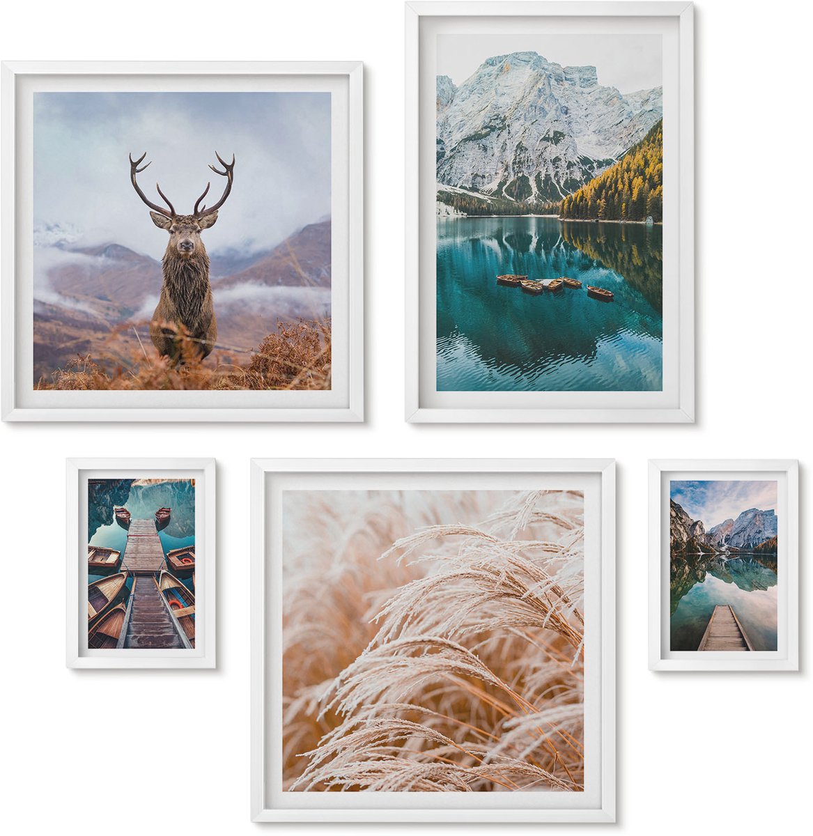 Wallfluent 5-Delige Schilderij Set - Berglandschappen En Natuurlijke Schoonheid - 50 x 50 cm, 20 x 30 cm En 40 x 60 cm - Wanddecoratie - Muurdecoratie - Woonkamer - Stijlvolle Muurdecoratie