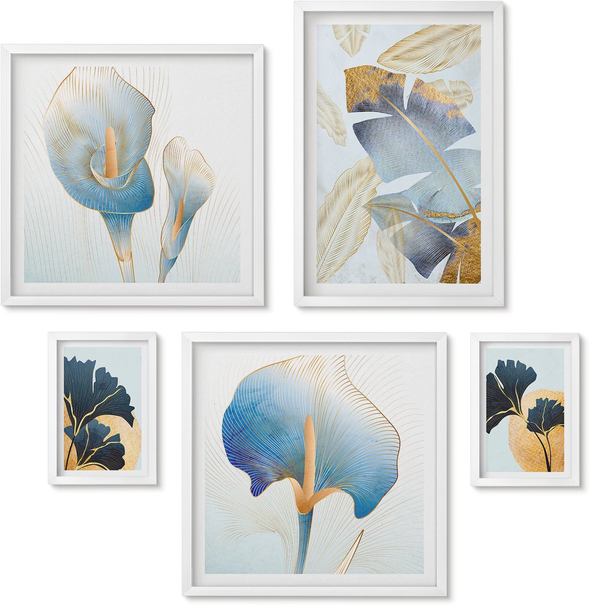 Wallfluent 5-Delige Schilderij Set - Plantenmotieven In Een Moderne Stijl Met Subtiele Accenten. - 50 x 50 cm, 20 x 30 cm En 40 x 60 cm - Muurdecoratie - Decoratieve Schilderijen - Wohnzimmer - Woonkamer Decoratie