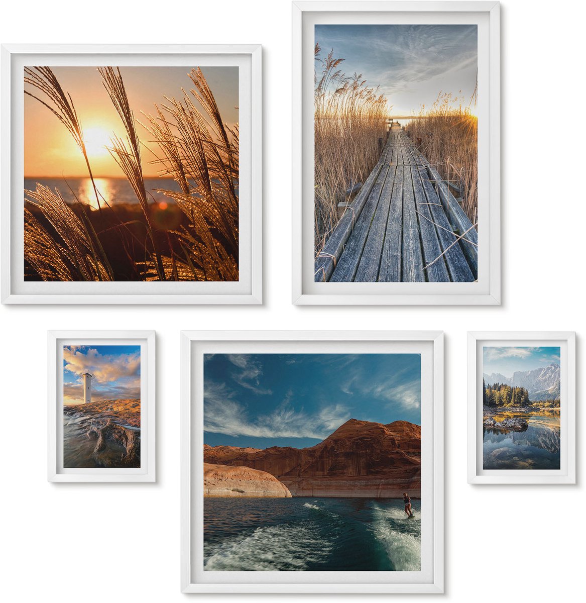 Wallfluent 5-Delige Schilderij Set - Natuurlijke Landschappen Met Water En Vegetatie Langs Het Pad. - 50 x 50 cm, 20 x 30 cm En 40 x 60 cm - Moderne Wanddecoratie - Woonkamer