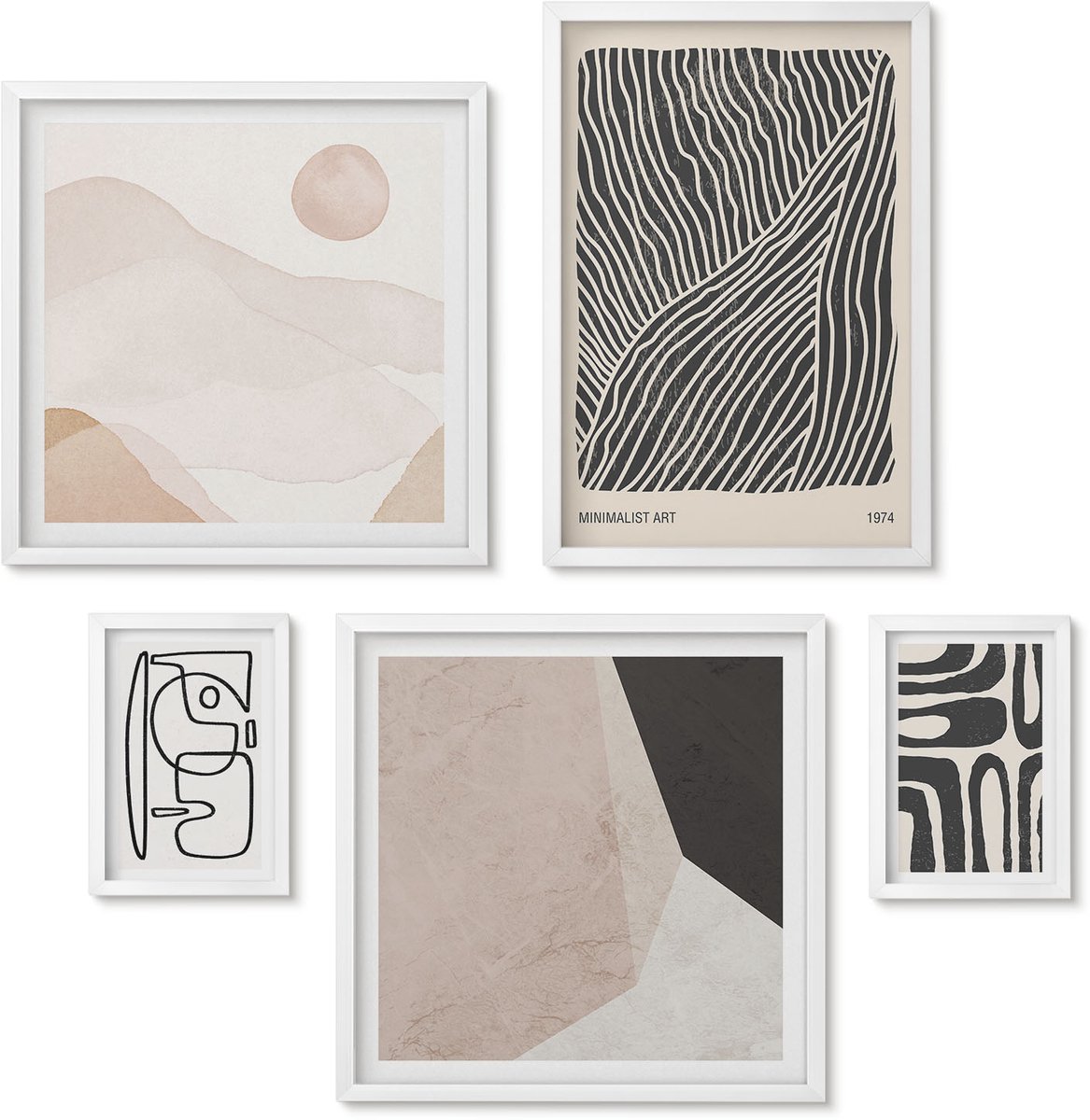 Wallfluent 5-Delige Schilderij Set - Minimalistische Ontwerpen In Aardse Tinten En Abstracte Vormen. - 50 x 50 cm, 20 x 30 cm En 40 x 60 cm - Muurdecoratie - Schilderijen Set - Woonkamer - Decoratieve Schilderijen