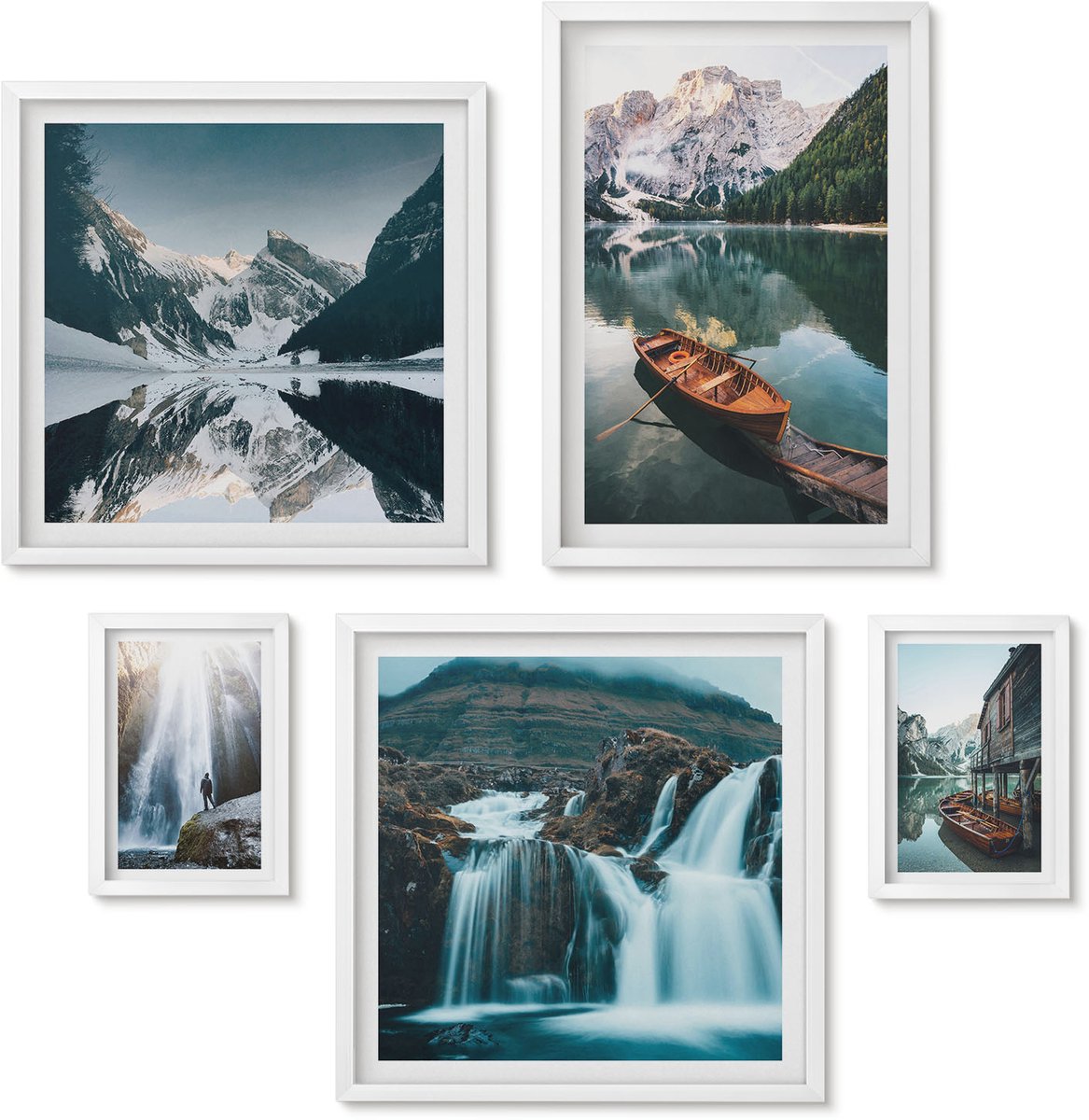 Wallfluent 5-Delige Schilderij Set - Berglandschappen Met Watervallen En Alpenmeren - 50 x 50 cm, 20 x 30 cm En 40 x 60 cm - Muurdecoratie - Decoratieve Schilderijen - Wohnzimmer - Wanddecoratie