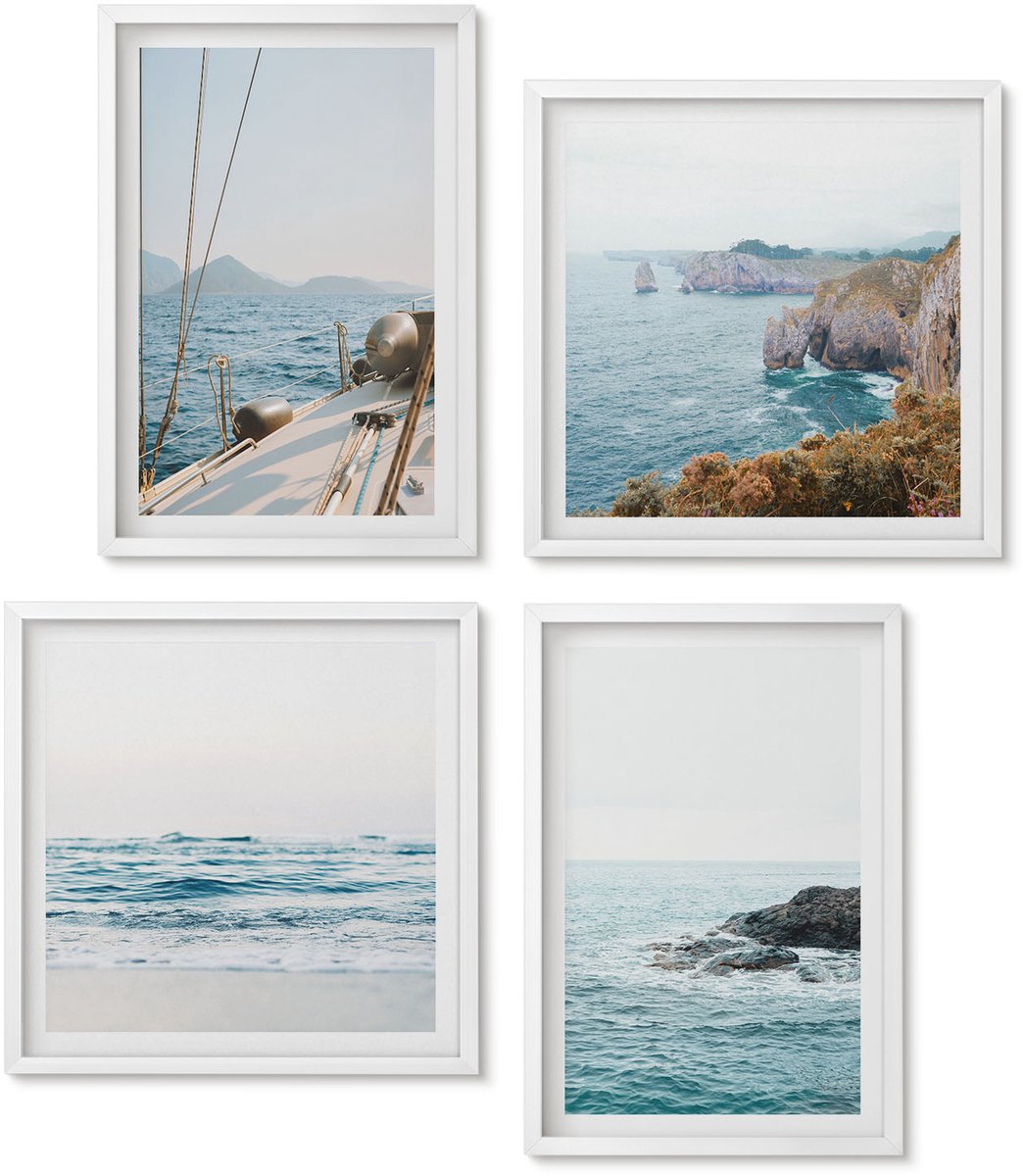 Wallfluent 4-Delige Schilderij Set - Kustgezichten En Zeegezichten, Delicate Landschappen - 40 x 40 En 40 x 60 - Stijlvolle Muurdecoratie - Kantoor - Woonkamer Decoratie