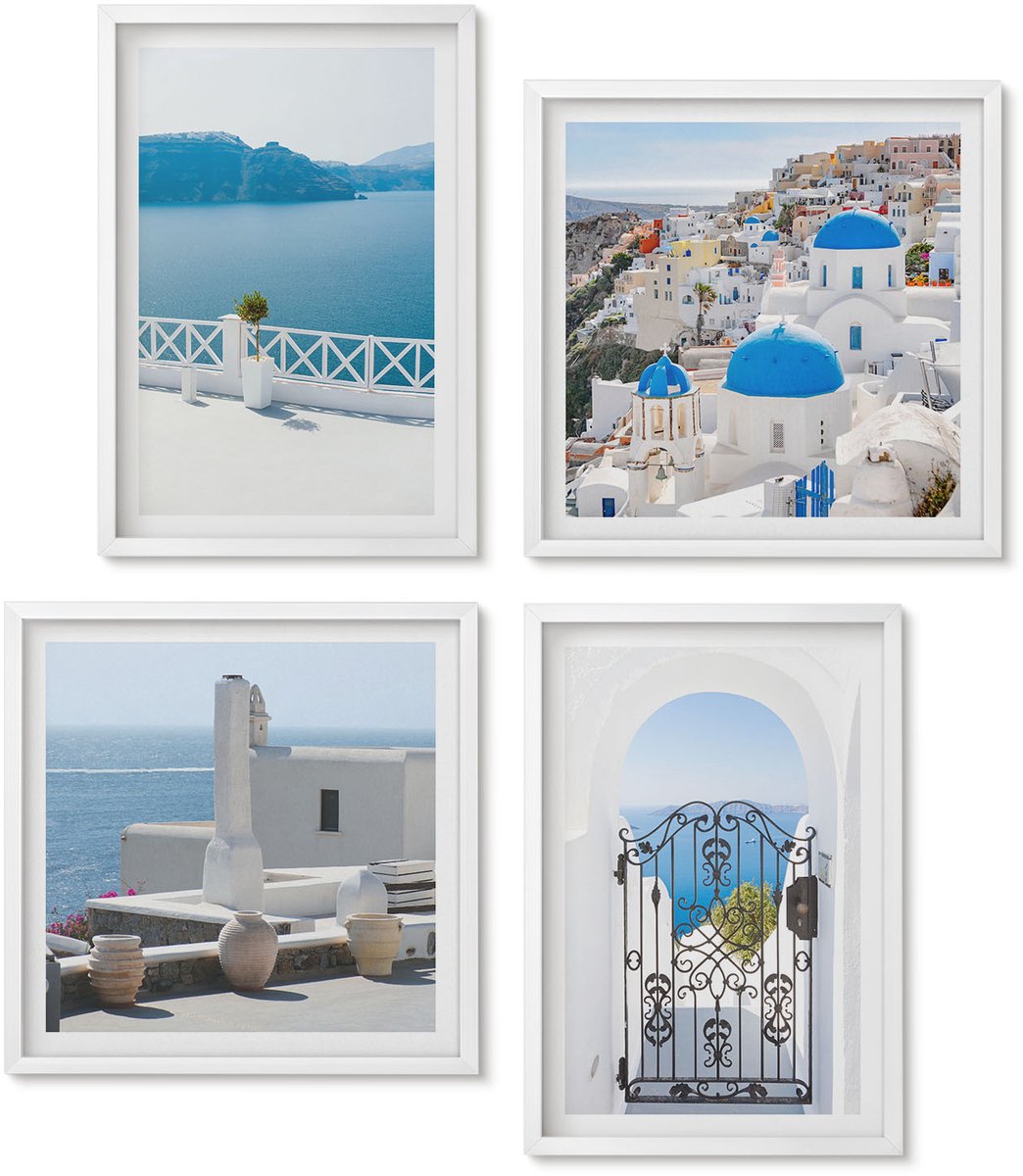 Wallfluent 4-Delige Schilderij Set - Zeezicht Met Witte Gebouwen In Griekenland - 40 x 40 En 40 x 60 - Decoratieve Schilderijen - Wanddecoratie - Hal - Muurdecoratie