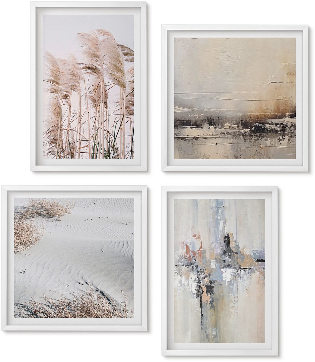 Wallfluent 4-Delige Schilderij Set - Abstracte Patronen Van Natuurlijke Vegetatie In Ingetogen Kleuren. - 40 x 40 En 40 x 60 - Stijlvolle Wanddecoratie - Interieur - Muurdecoratie