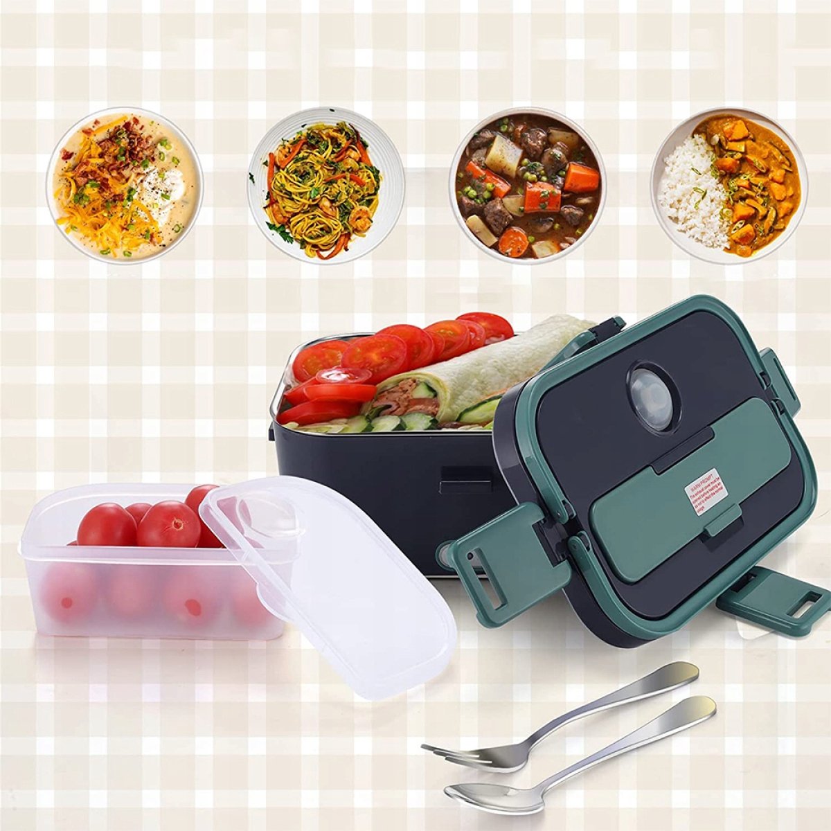 Elektrische Lunchbox - Verwarmde Bento Box - 1.8L Thermos Lunchbox - PTC Constante Temperatuur - Lekvrij - 80W - 12V/24V/220V - met Handvat & Isolatietas & Bestek - Draagbare Broodtrommel - Voor Chauffeurs & Kantoor & Bouwplaats — cadeau in Kookcadeaus - foto 4