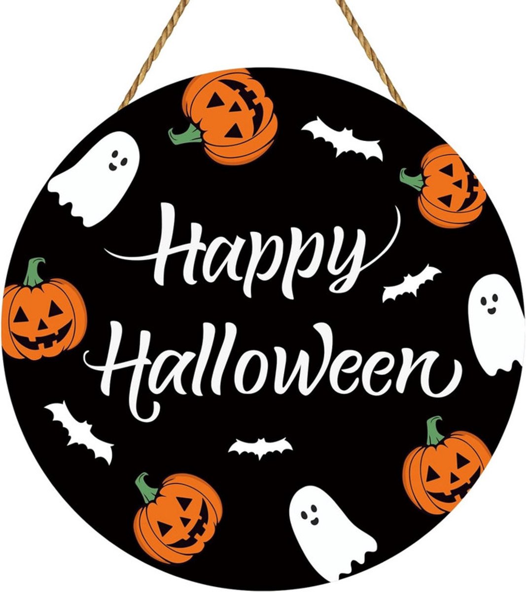 Hangend pompoenornament – ​​30 x 30 cm – Houten Halloween-bord voor de voordeur – Halloween-deurbordje – Wandhanger – Decoratie voor deur en muur – Pompoen-wanddecoratie – Sfeervolle decoratie voor Halloween-feest – Hangend bord voor huis, terras