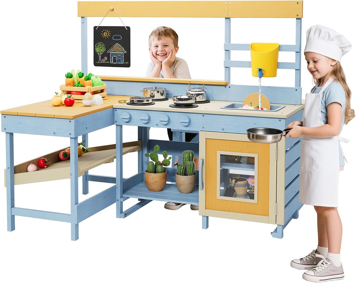 Houten Modderkeuken voor Buiten - Kinderspeelkeuken met Picknicktafel, Werkende Kraan & Uitneembare Gootsteen - Buitenkeuken voor Kinderen - Inclusief Schoolbord & Kookplaat