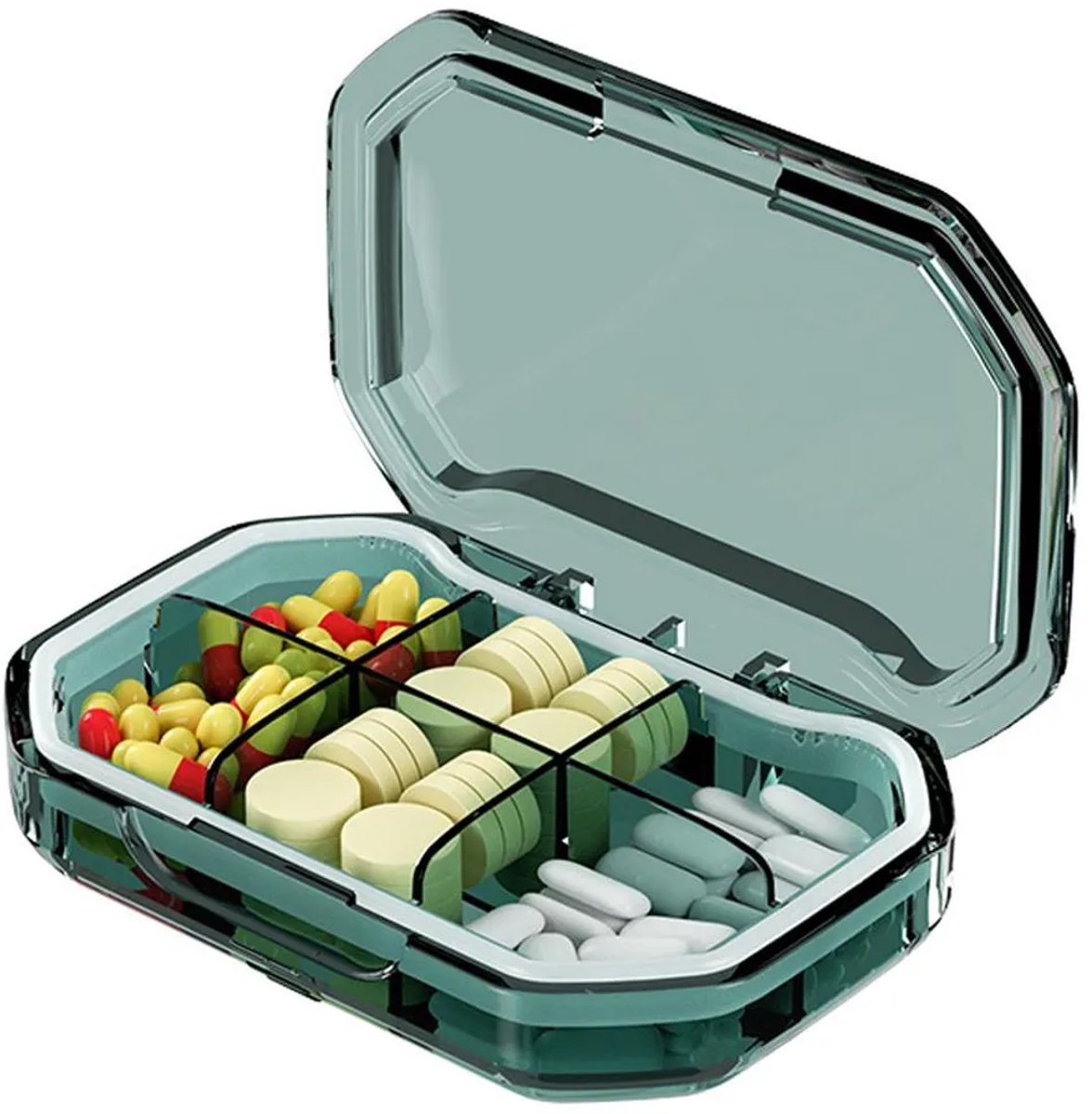 Dagelijks pillendoosje, 6 vakjes, draagbaar pillendoosje, mini-zakpillendoosje, groen.