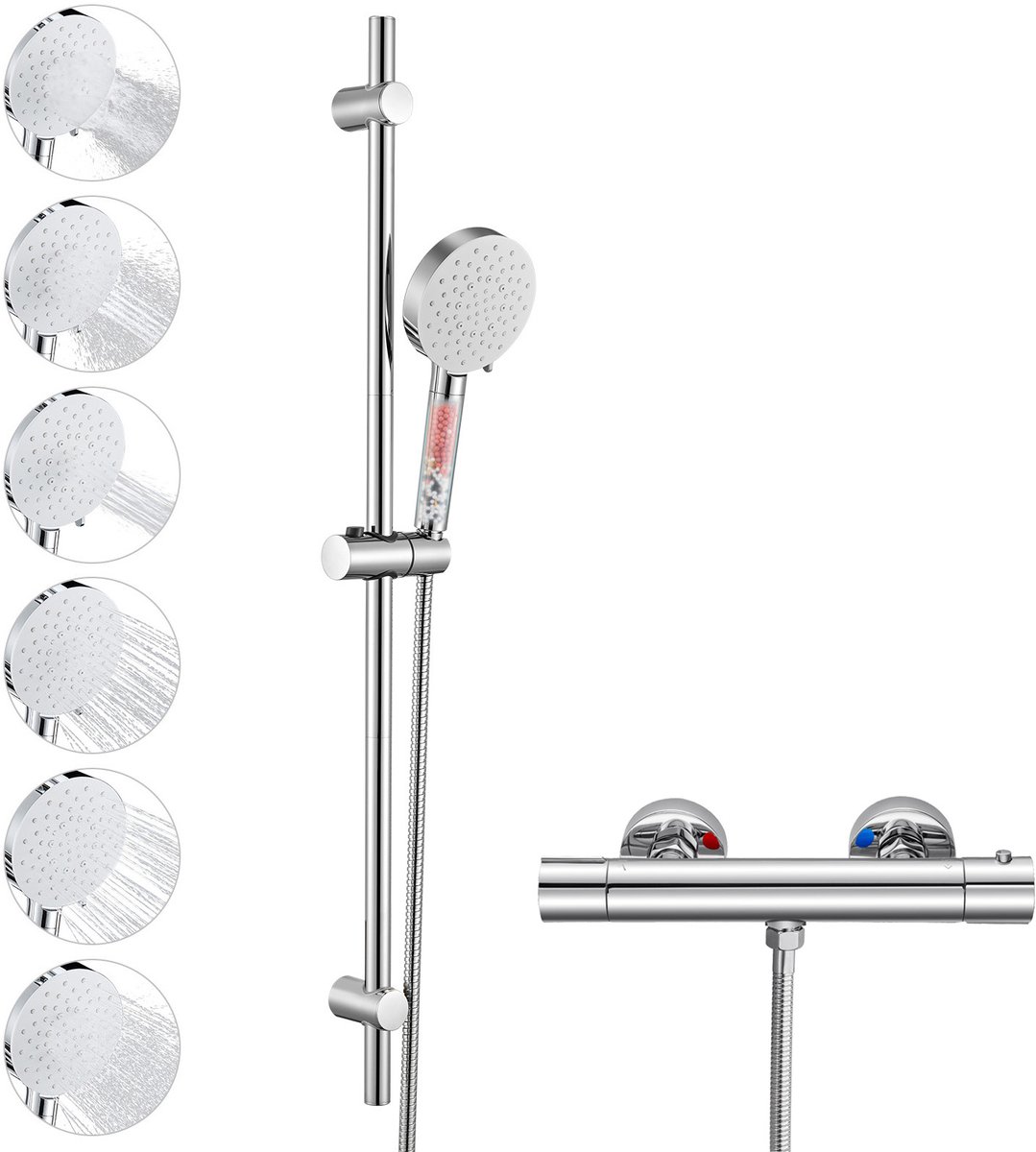 Auralum Max Glijstangset met Thermostaatkraan - Douchekop met 4 Filters - 90 cm Glijstang Doucheset - 6 Standen Handdouche - Hoge Druk - Anti-Kalk Douchekop - Doucheslang 150 cm - Complete Glijstangset - Waterbesparend - Chroom&Wit