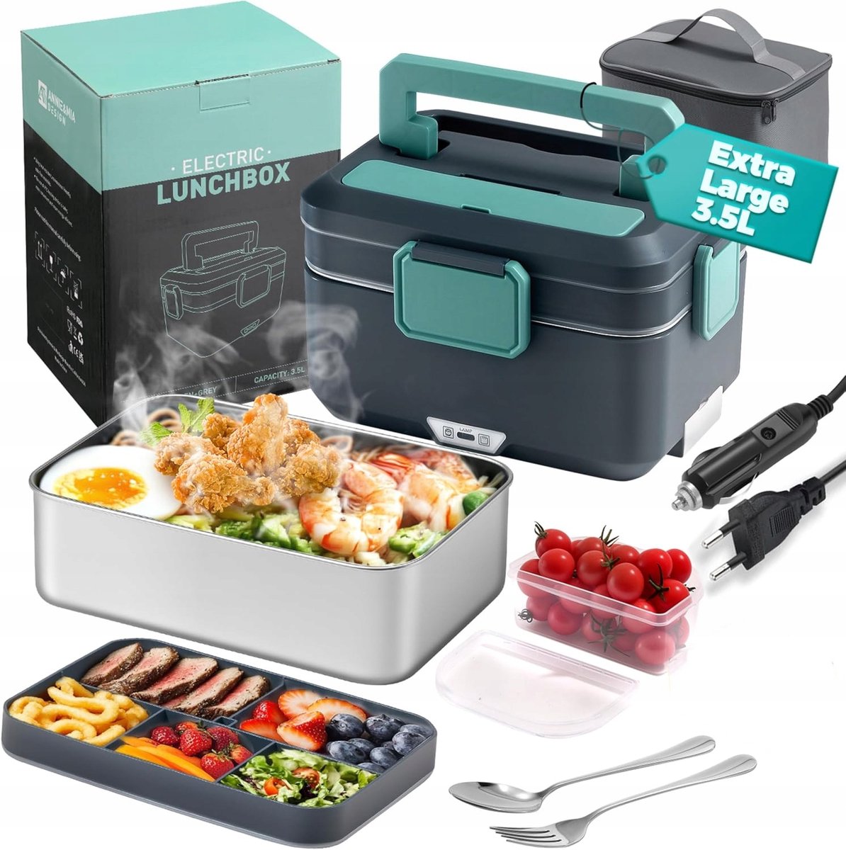 Dubbellaags Elektrische Lunchbox - Verwarmde Bento Box - 3,5L Thermos Lunchbox - PTC Constante Temperatuur - 90W - 12V/24V/220V - Vaatwasbestendig - Isolatietas & Bestek - Draagbare Broodtrommel - Voor Chauffeurs & Kantoor & Bouwplaats