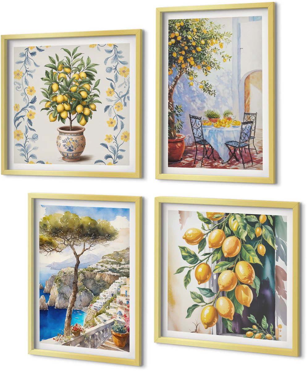 Coloray 4-Delige Schilderij Set - Citroenbomen en geschilderde zeegezichten - 40 x 40 cm en 40 x 60 cm - Stijlvolle Muurdecoratie - Kantoor - Woonkamer Decoratie