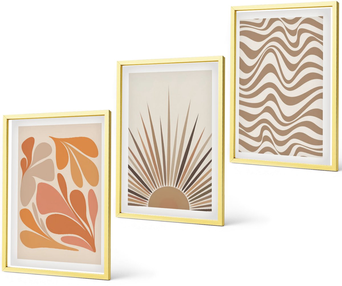 Coloray 3-Delige Schilderij Set - Zon Boho Pastel Abstracte Vormen Poster - 40 x 40 cm En 40 x 60 cm - Wanddecoratie - Muurdecoratie - Woonkamer - Interieur Decoratie