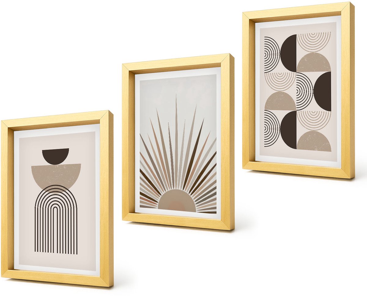 Coloray 4-Delige Schilderij Set - Abstracte vormen in beige en bruine tinten. - 20 x 30 cm - Schilderijen Set - Wanddecoratie - Woonkamer - Interieur Decoratie