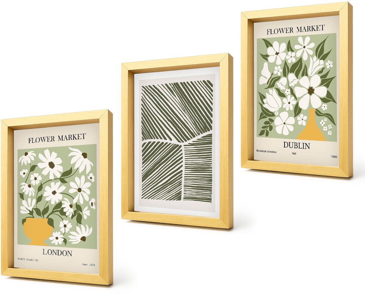 Coloray 4-Delige Schilderij Set - Bloemmotieven Londen en Dublin Abstracte lijnen - 20 x 30 cm - Wanddecoratie - Muurdecoratie - Moderne Interieurdecoratie - Decoratieve Schilderijen