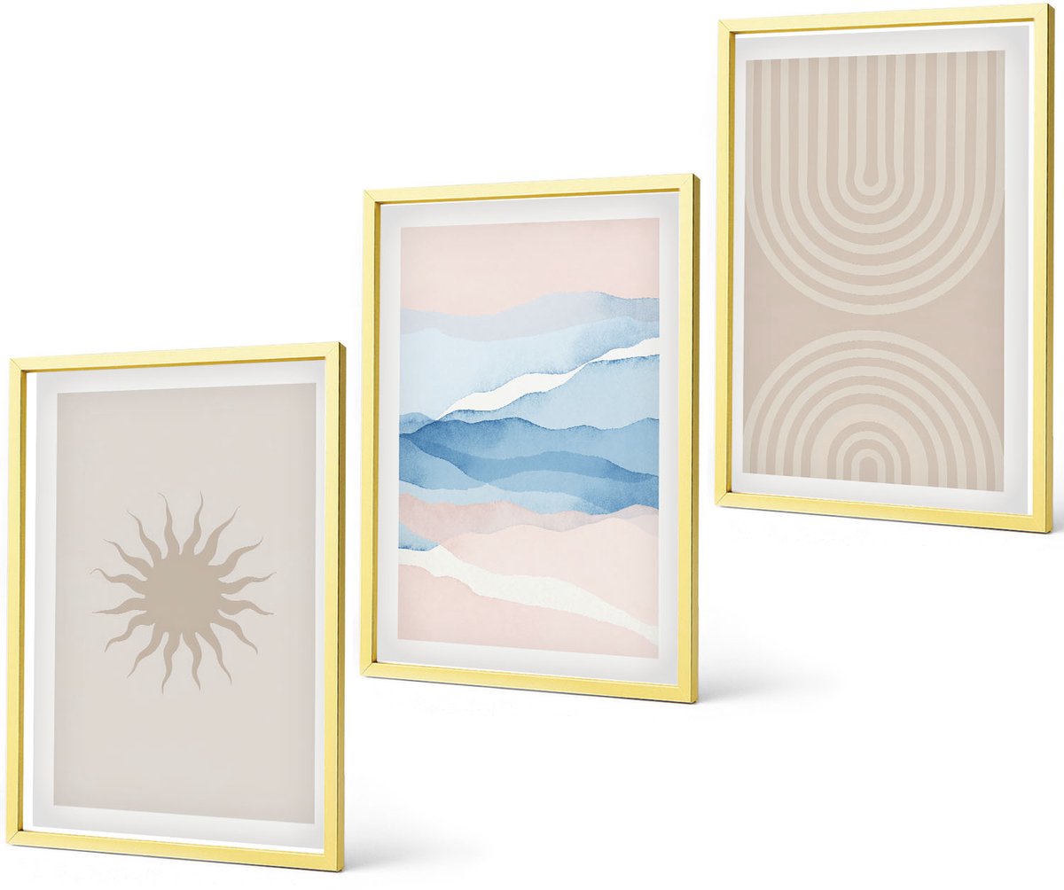 Coloray 3-Delige Schilderij Set - Zonnegolven En Abstracte Lijnen In Pastelkleuren - 40 x 40 cm En 40 x 60 cm - Wanddecoratie - Moderne Interieurdecoratie - Interieur Decoratie