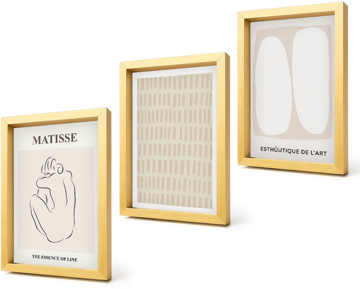 Coloray 4-Delige Schilderij Set - Lijnen en vormen in beige en witte tinten. - 20 x 30 cm - Muurdecoratie - Interieur Decoratie - Woonkamer Decoratie