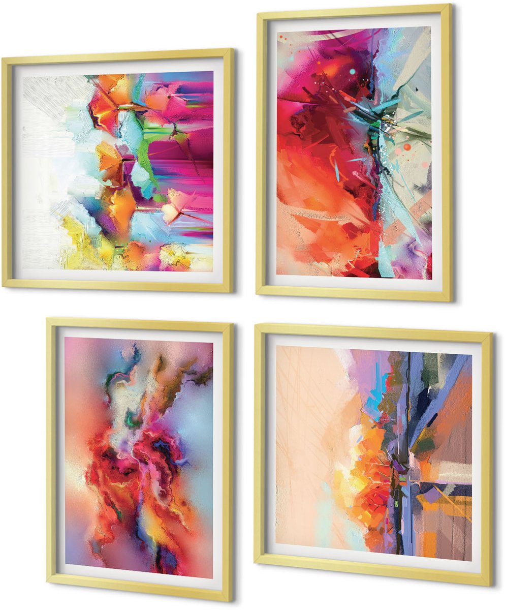 Coloray 4-Delige Schilderij Set - Kleurrijke abstracties met dynamische vormen en figuren - 40 x 40 cm en 40 x 60 cm - Muurdecoratie - Interieur Decoratie - Wanddecoratie
