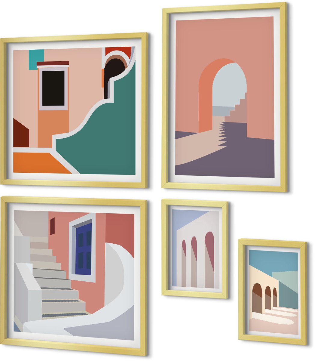 Coloray 5-Delige Schilderij Set - Pastel Minimalistische Stedelijke Architectuurafbeeldingen - 50 x 50 cm, 20 x 30 cm En 40 x 60 cm - Wanddecoratie - Muurdecoratie - Woonkamer - Woonkamer Decoratie