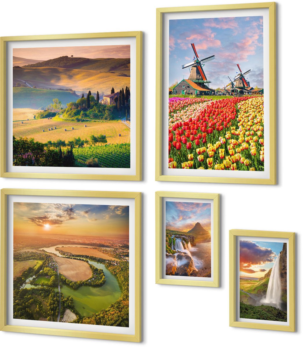Coloray 5-Delige Schilderij Set - Natuurlijke Landschappen Met Watervallen En Windmolens Op De Achtergrond. - 50 x 50 cm, 20 x 30 cm En 40 x 60 cm - Wanddecoratie - Schilderijen Set - Interieur - Decoratieve Schilderijen