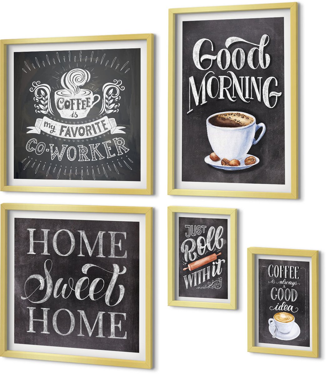 Coloray 5-Delige Schilderij Set - Koffie-Inspiratie In Rustieke Stijl Voor De Keuken - 50 x 50 cm, 20 x 30 cm En 40 x 60 cm - Wanddecoratie - Muurdecoratie - Woonkamer