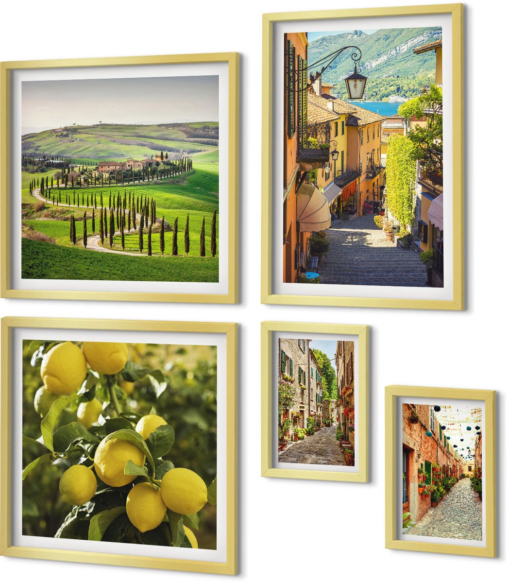 Coloray 5-Delige Schilderij Set - Charmante Straatjes En Pittoreske Landschappen Van Italië - 50 x 50 cm, 20 x 30 cm En 40 x 60 cm - Wanddecoratie - Muurdecoratie - Moderne Interieurdecoratie - Stijlvolle Muurdecoratie