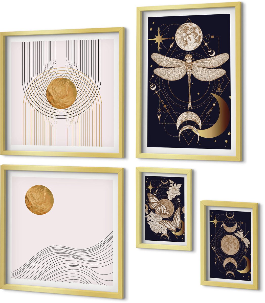 Coloray 5-Delige Schilderij Set - Stijlvolle Ruimtethema'S Met Insecten En Geometrische Patronen. - 50 x 50 cm, 20 x 30 cm En 40 x 60 cm - Wanddecoratie - Muurdecoratie - Moderne Interieurdecoratie - Moderne Wanddecoratie