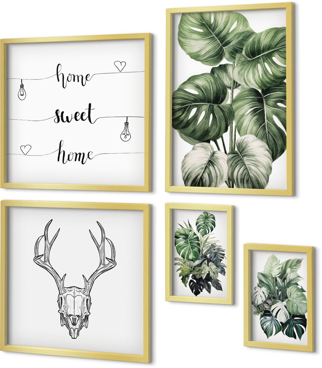 Coloray 5-Delige Schilderij Set - Plantmotieven Met Natuurelementen En Het Woord 'Thuis'. - 50 x 50 cm, 20 x 30 cm En 40 x 60 cm - Schilderijen Set - Wanddecoratie - Woonkamer - Muurdecoratie