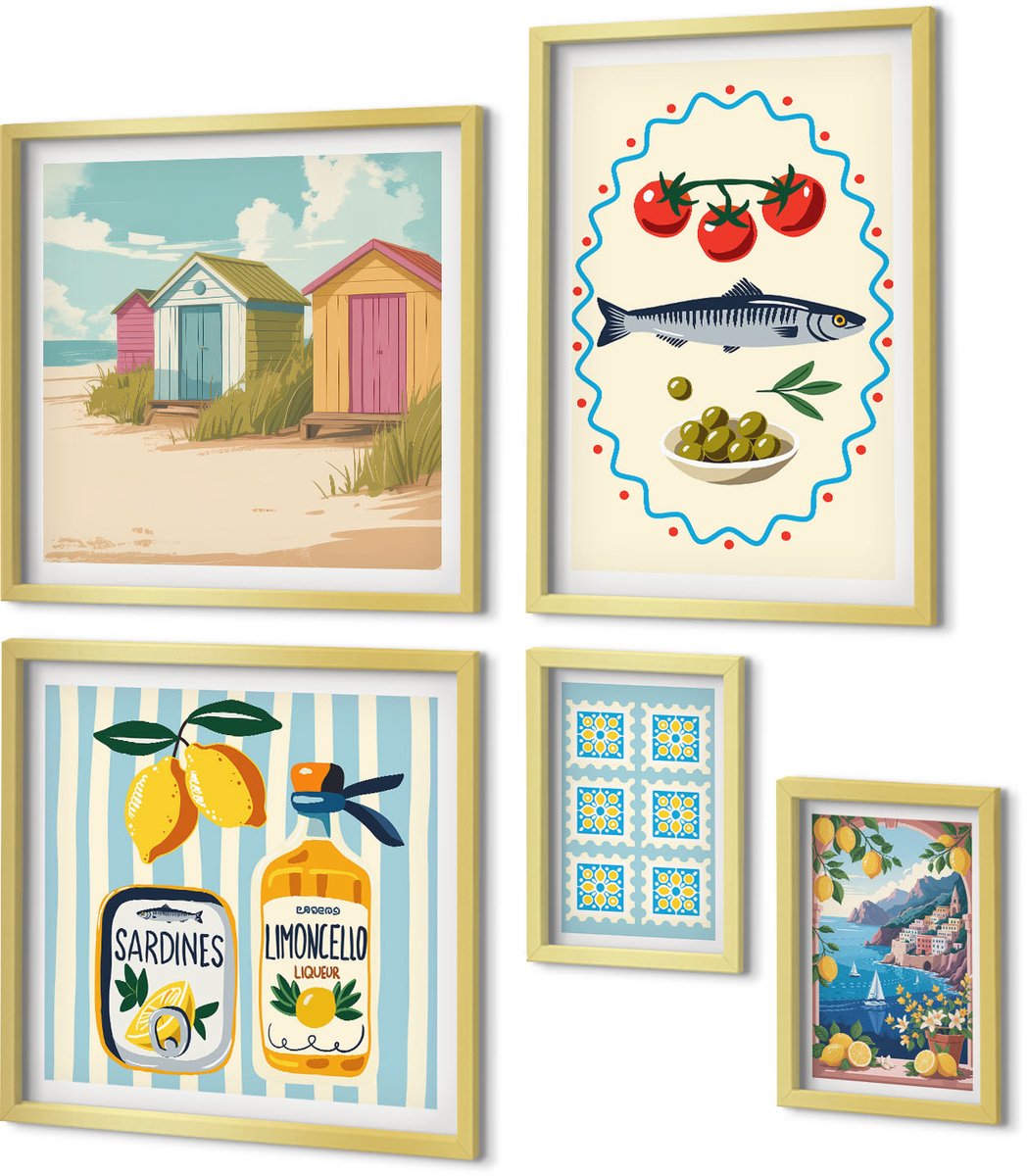 Coloray 5-Delige Schilderij Set - Mediterrane Keuken: Verse Smaken En Kleurrijke Accenten - 50 x 50 cm, 20 x 30 cm En 40 x 60 cm - Schilderijen Set - Wanddecoratie - Woonkamer - Decoratieve Schilderijen