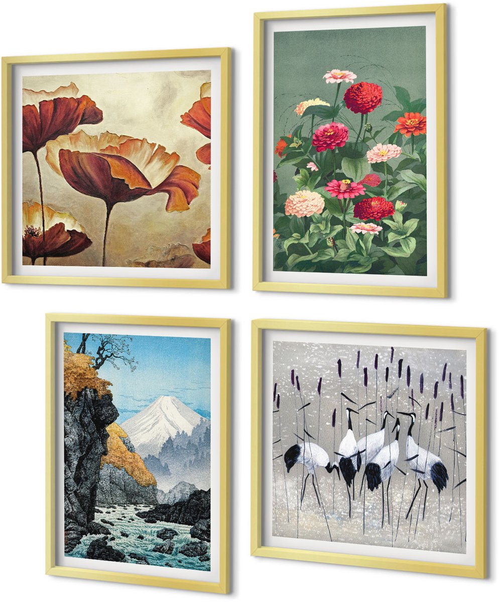 Coloray 4-Delige Schilderij Set - Bergen met een waterval, vogels in vlucht en kleurrijke bloemen - 40 x 40 cm en 40 x 60 cm - Stijlvolle Muurdecoratie - Slaapkamer - Decoratieve Schilderijen