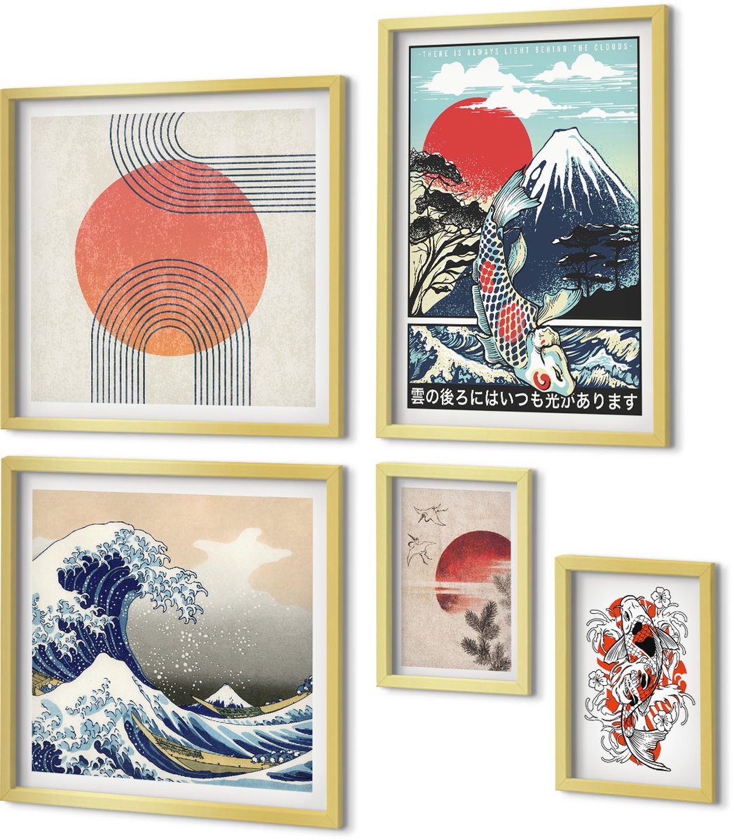 Coloray 5-Delige Schilderij Set - Japanse Kunst: Golfmotieven En Traditionele Patronen - 50 x 50 cm, 20 x 30 cm En 40 x 60 cm - Decoratieve Schilderijen - Wanddecoratie - Hal - Stijlvolle Muurdecoratie
