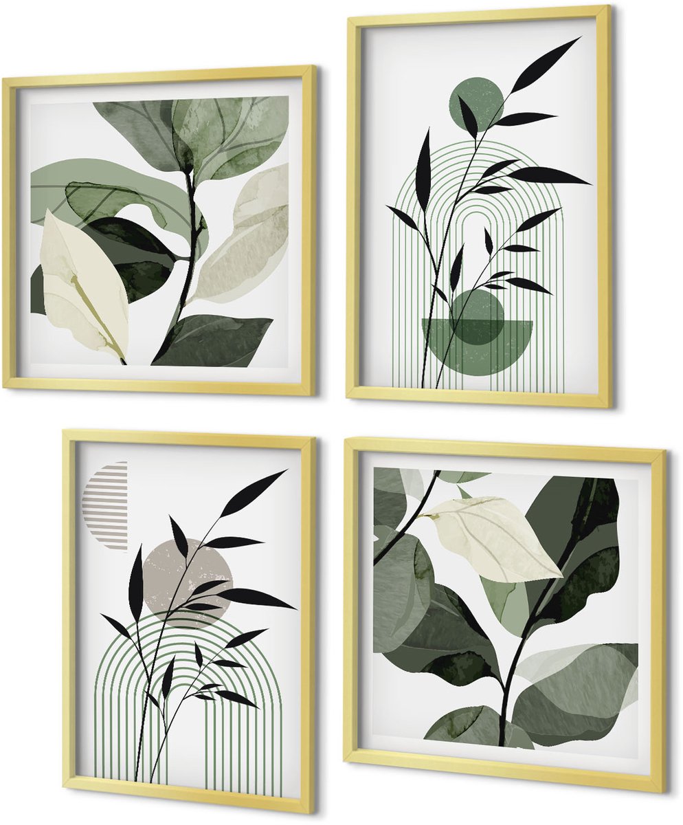 Coloray 4-Delige Schilderij Set - Abstracte plantencomposities in boho-stijl - 40 x 40 cm en 40 x 60 cm - Wanddecoratie - Schilderijen Set - Kantoor - Decoratieve Schilderijen