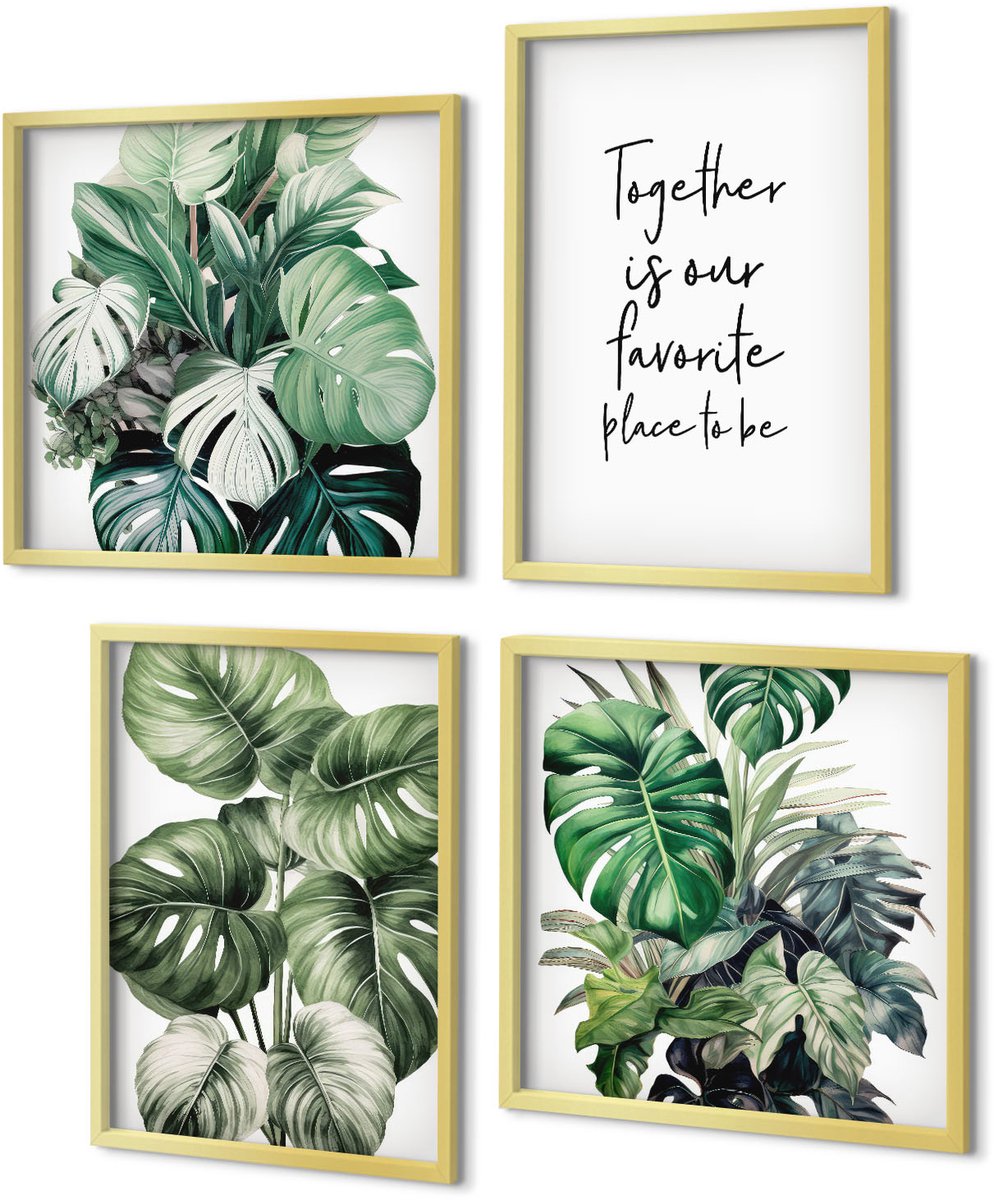 Coloray 4-Delige Schilderij Set - Groene bladeren van tropische planten met decoratieve inscriptie - 40 x 40 cm en 40 x 60 cm - Moderne Wanddecoratie - Slaapkamer
