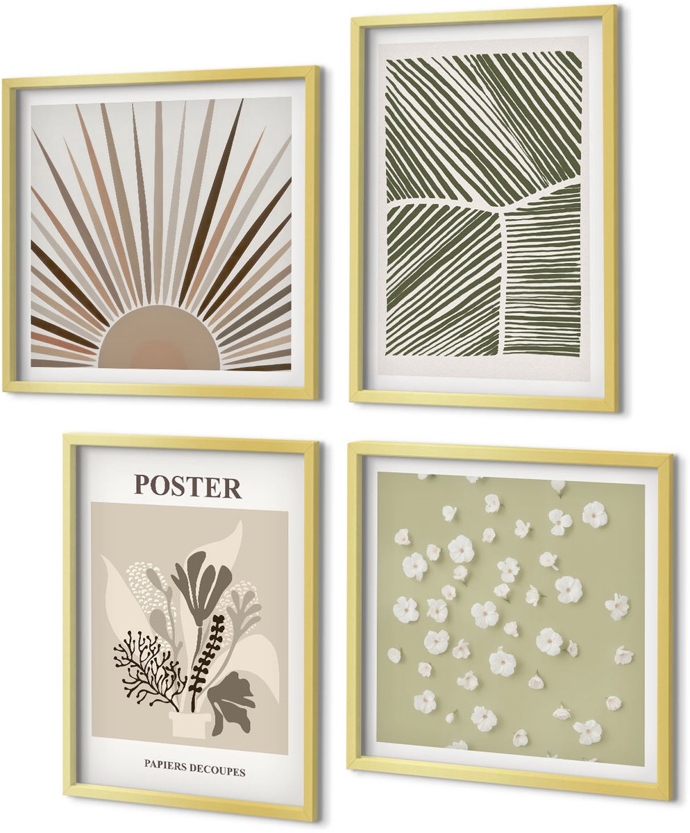 Coloray 4-Delige Schilderij Set - Plantmotieven in ingetogen kleuren en patronen. - 40 x 40 cm en 40 x 60 cm - Stijlvolle Wanddecoratie - Interieur - Stijlvolle Muurdecoratie