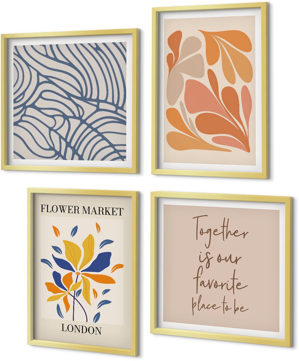 Coloray 4-Delige Schilderij Set - Moderne bloemen met abstracte patronen - 40 x 40 cm en 40 x 60 cm - Decoratieve Muurdecoratie - Slaapkamer - Decoratieve Schilderijen