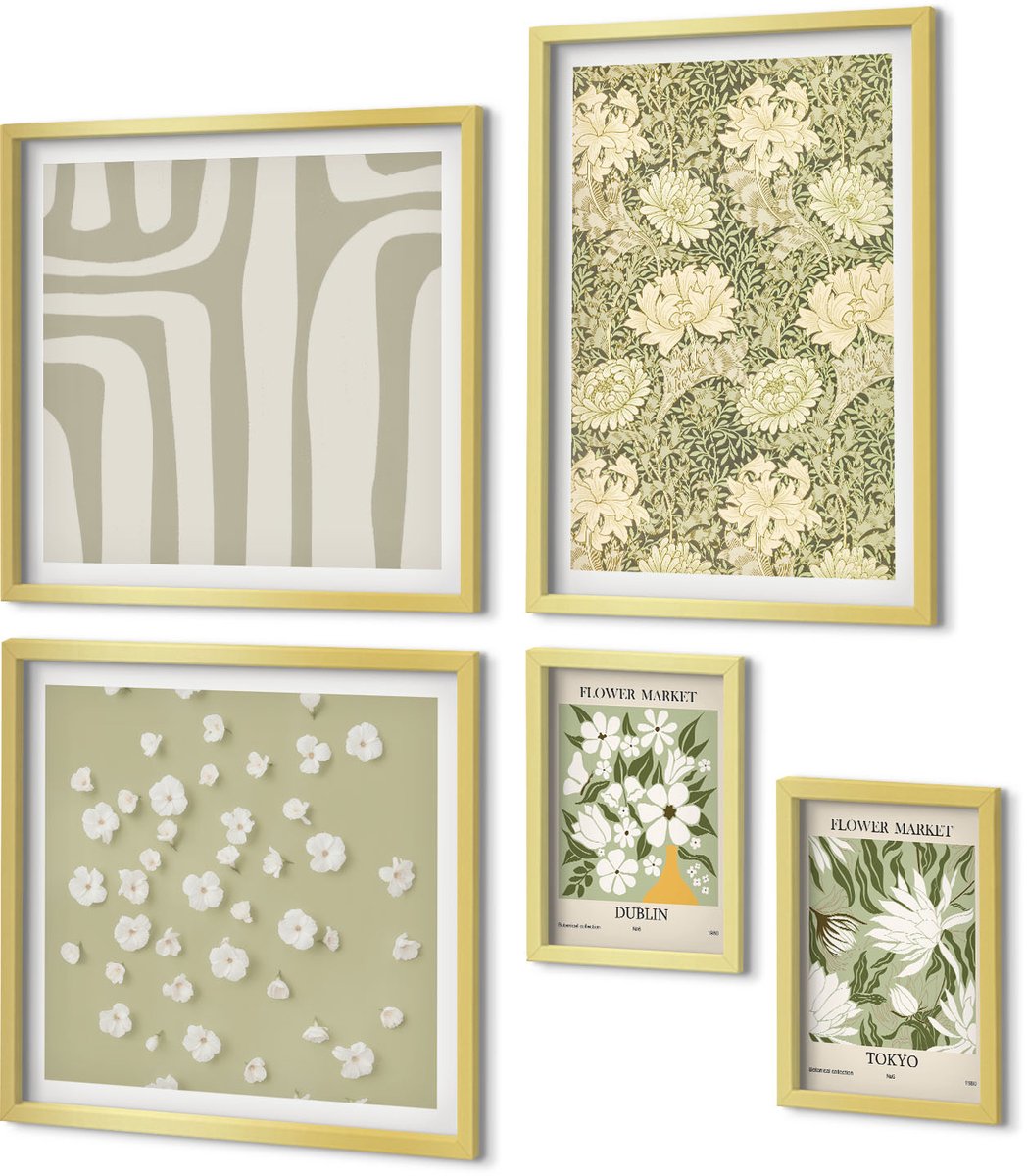 Coloray 5-Delige Schilderij Set - Plantenmotieven In Boho-Stijl Met Bloemenaccenten - 50 x 50 cm, 20 x 30 cm En 40 x 60 cm - Muurdecoratie - Wanddecoratie - Hal