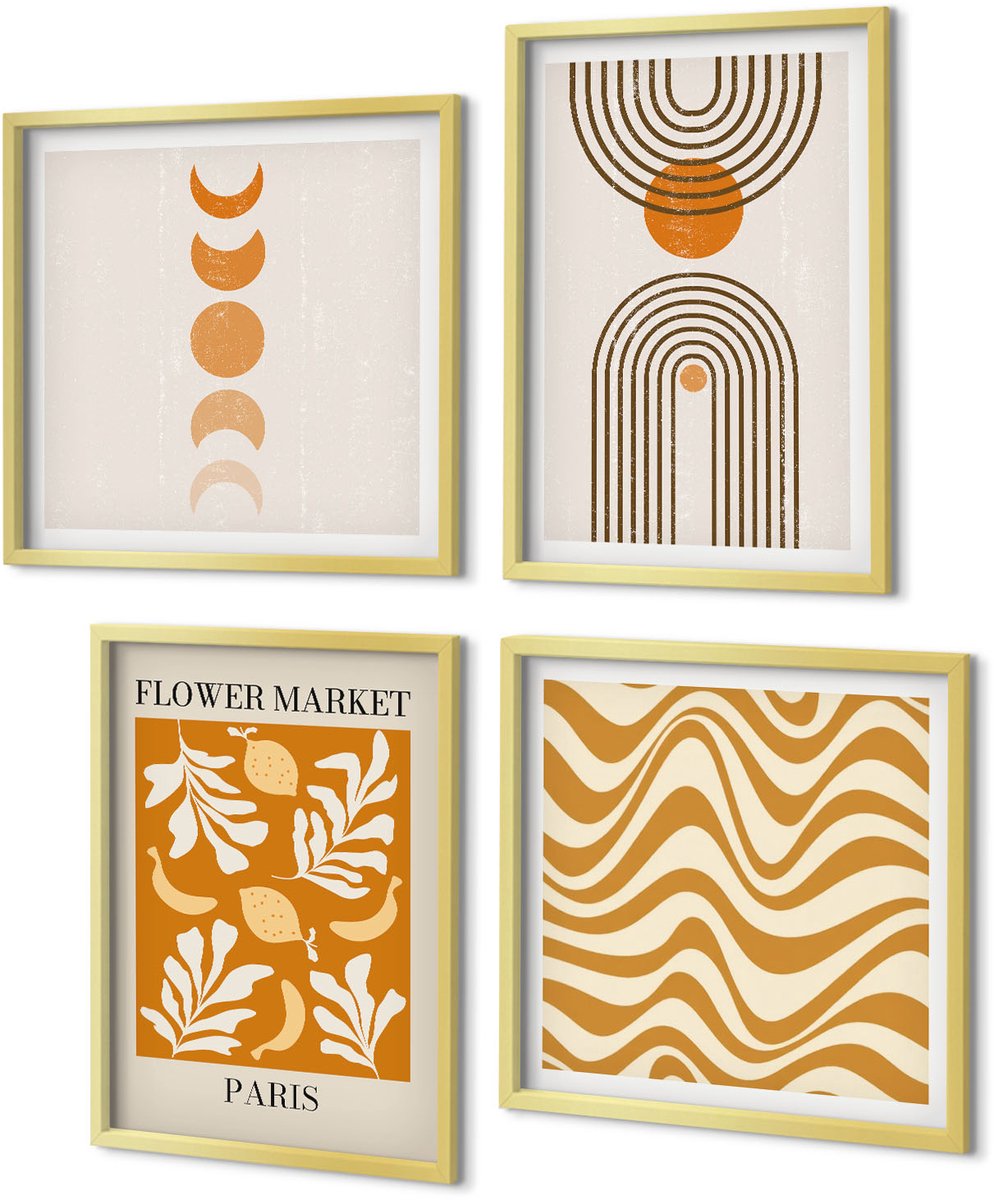 Coloray 4-Delige Schilderij Set - Modeposters met bloemen- en geometrische patronen - 40 x 40 cm en 40 x 60 cm - Muurdecoratie - Wanddecoratie - Hal