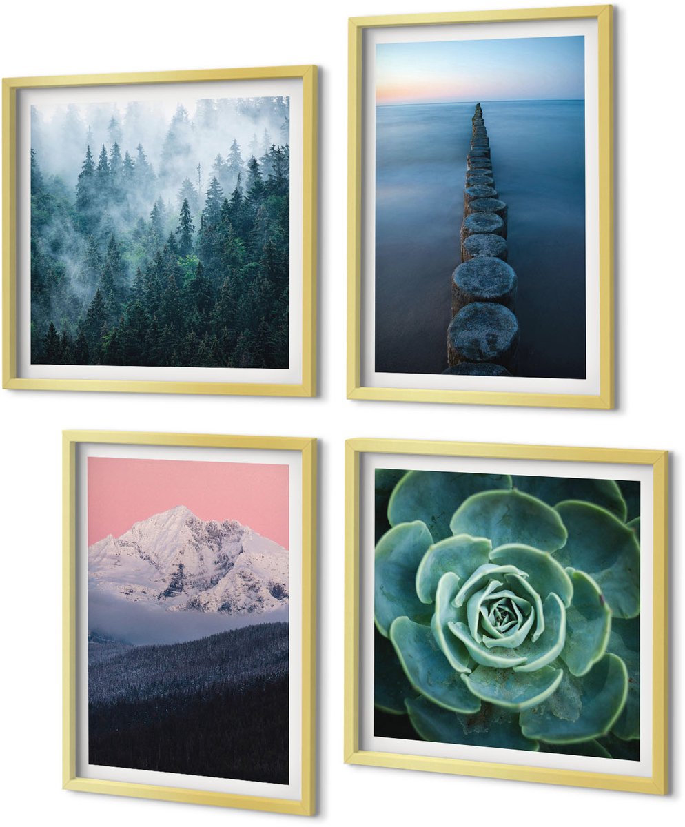 Coloray 4-Delige Schilderij Set - Bergen met roze lucht, water en groene vetplanten - 40 x 40 cm en 40 x 60 cm - Stijlvolle Muurdecoratie - Slaapkamer - Wanddecoratie
