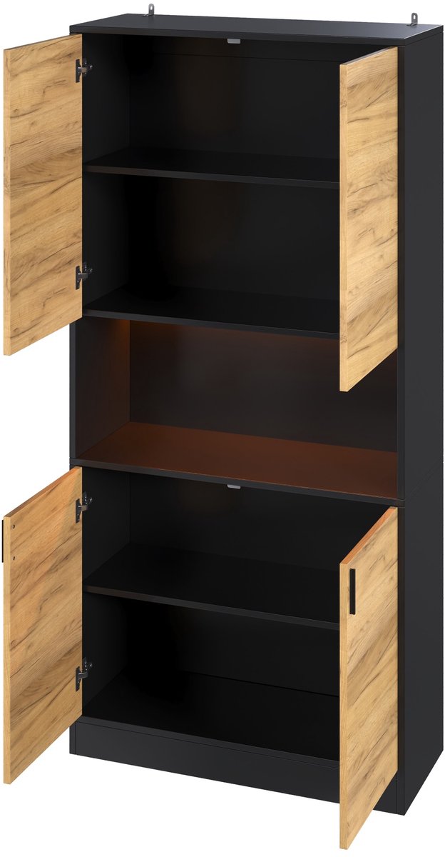 MIVRAY Opbergkast - Moderne Hoogkast Met Ledverlichting En Verstelbare Planken - Voor Kantoor Woonkamer En Hal - Spaanplaat - Zwart Eiken - 80x35x180 Cm — afbeelding 3