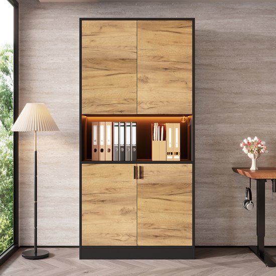 MIVRAY Opbergkast - Moderne Hoogkast Met Ledverlichting En Verstelbare Planken - Voor Kantoor Woonkamer En Hal - Spaanplaat - Zwart Eiken - 80x35x180 Cm — afbeelding 4