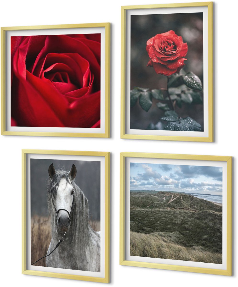 Coloray 4-Delige Schilderij Set - Rode rozen en een paard in een grijze omgeving - 40 x 40 cm en 40 x 60 cm - Schilderijen Set - Wanddecoratie - Woonkamer