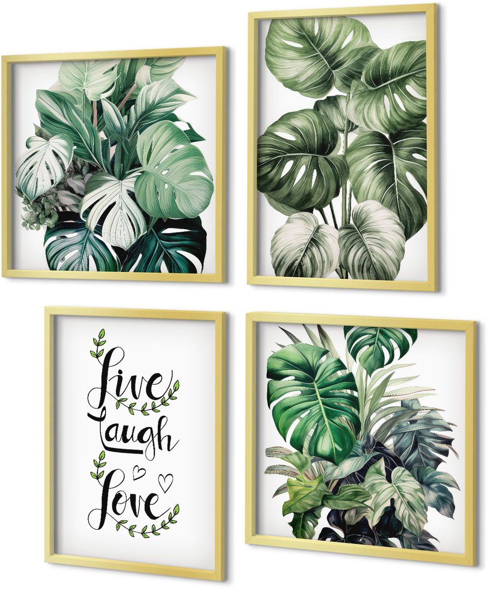 Coloray 4-Delige Schilderij Set - Bladrijke planten met de woorden Leef, Lach, Houd van - 40 x 40 cm en 40 x 60 cm - Decoratieve Schilderijen - Wanddecoratie - Hal - Interieur Decoratie
