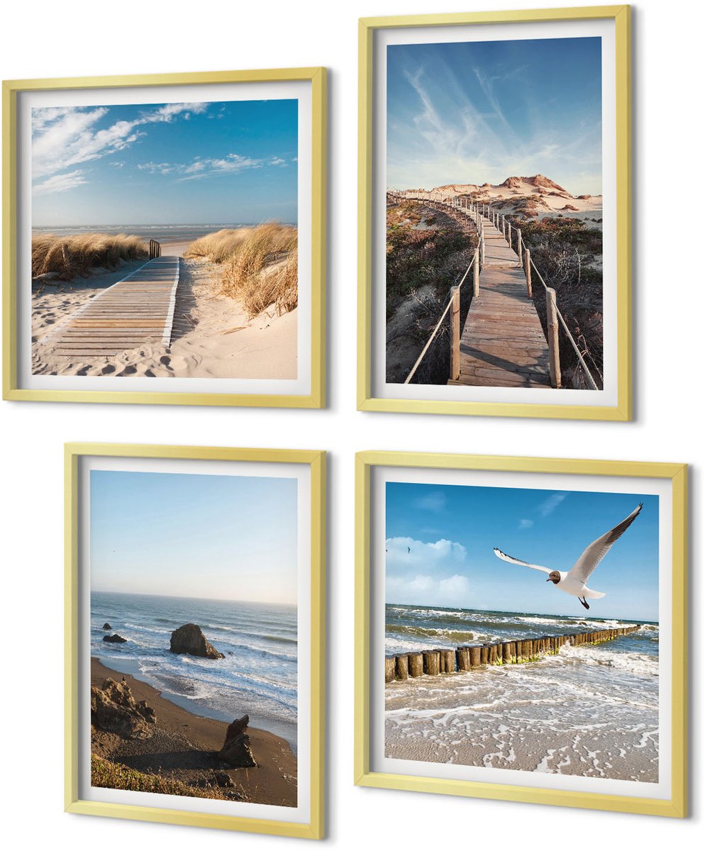 Coloray 4-Delige Schilderij Set - Uitzicht op het strand met golven, de lucht en een wandelpier. - 40 x 40 cm en 40 x 60 cm - Muurdecoratie - Interieur Decoratie - Woonkamer Decoratie